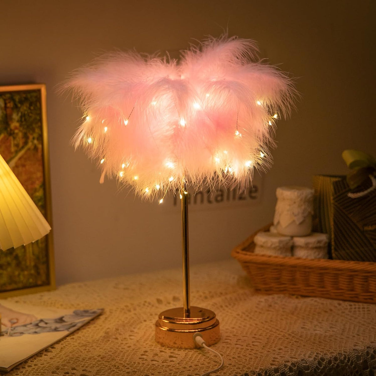 Pink Feather Lamp - LED Atmosphere Feather Night Lights Bedside Lamps for Mother, Girlfriend Home Girl Room Wedding Decoration