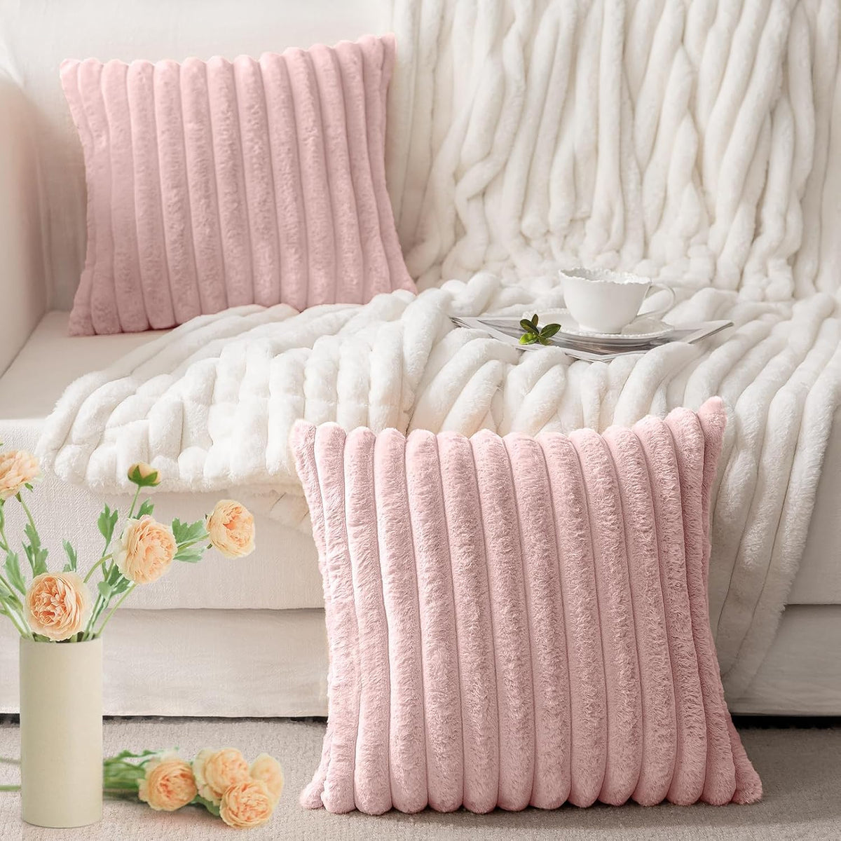 Faux Fur Pillow Covers 18x18 Set of 2, Ultra Soft Fluffy Striped Modern Farmhouse Style Throw Pillow Covers for Sofa Couch Bed, Pink