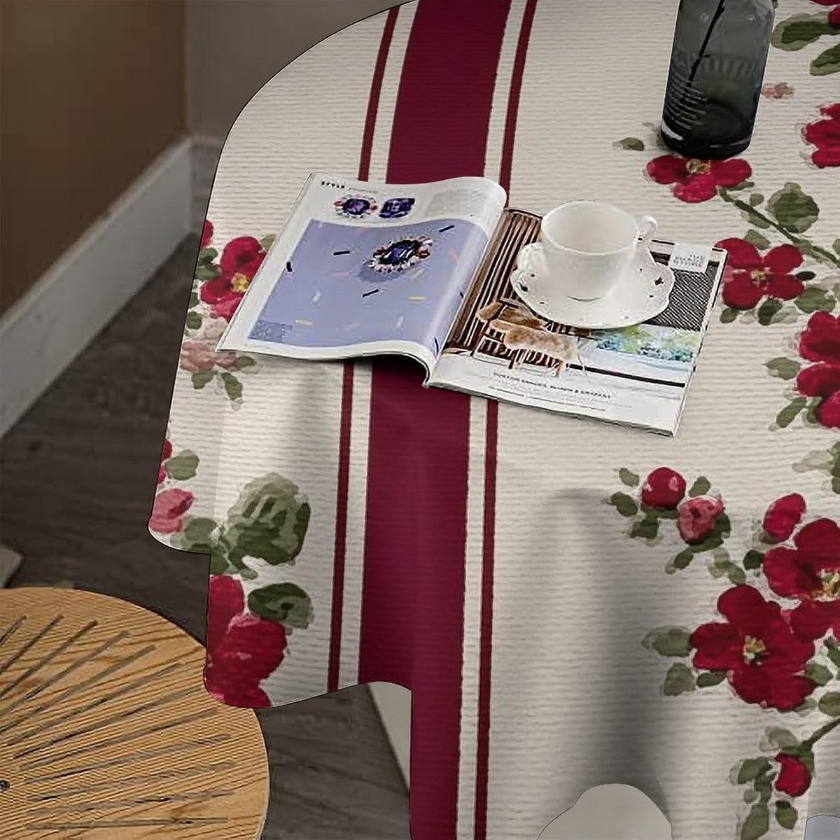 Tiny Pink Flowers Burgundy Victorian Stripes Round Tablecloth Washable Decorative Table Cover for Dining Table Party Restaurant 60 Inch