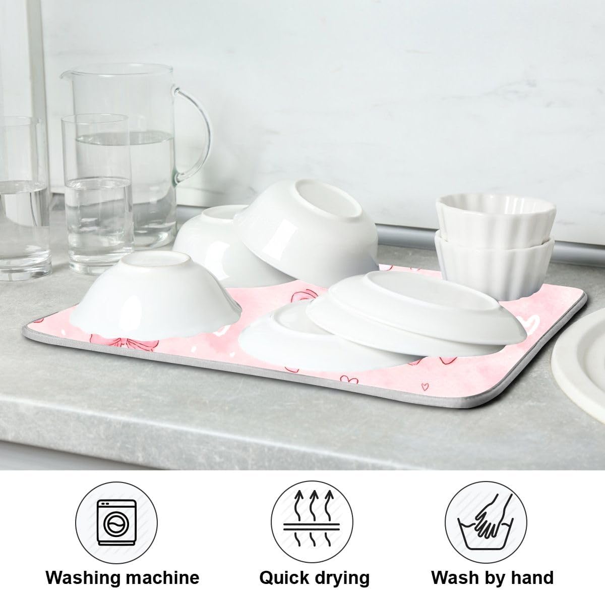 Pink White Bow Heart Pattern Dish Drying Mat 16x18 Absorbent Dishes Pad Dish Drainer Mat Protector for Kitchen Fast Dry