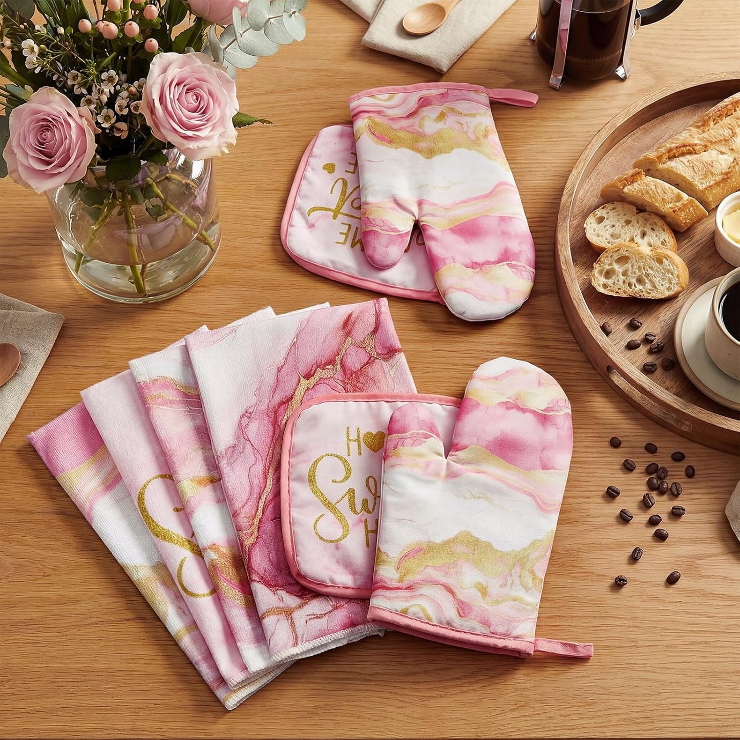 Pink and Gold Marble 8 Pcs Kitchen Towels and Dishcloths Sets Oven Mitts and Pot Holders Absorbent Kitchen Gloves Potholders Heat Resistant for Chef Baking Cooking