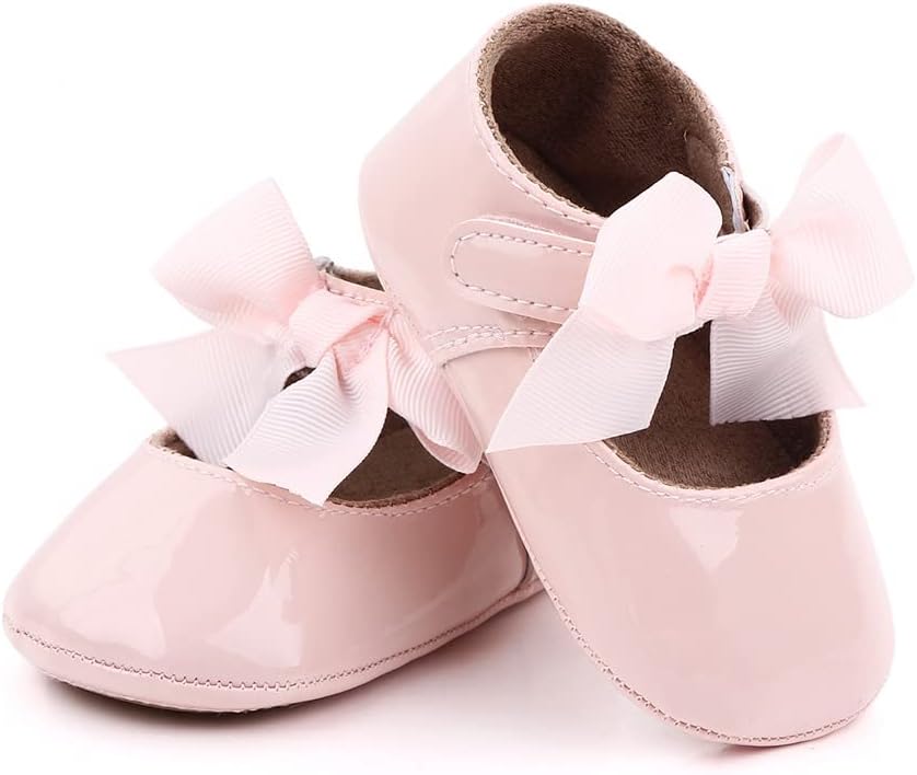 Infant Toddler Baby Girl Dress Shoes Mary Jane First Walking PU Leather Princess Wedding Rubber Sole Non-Slip with Bowknot Floral Flats