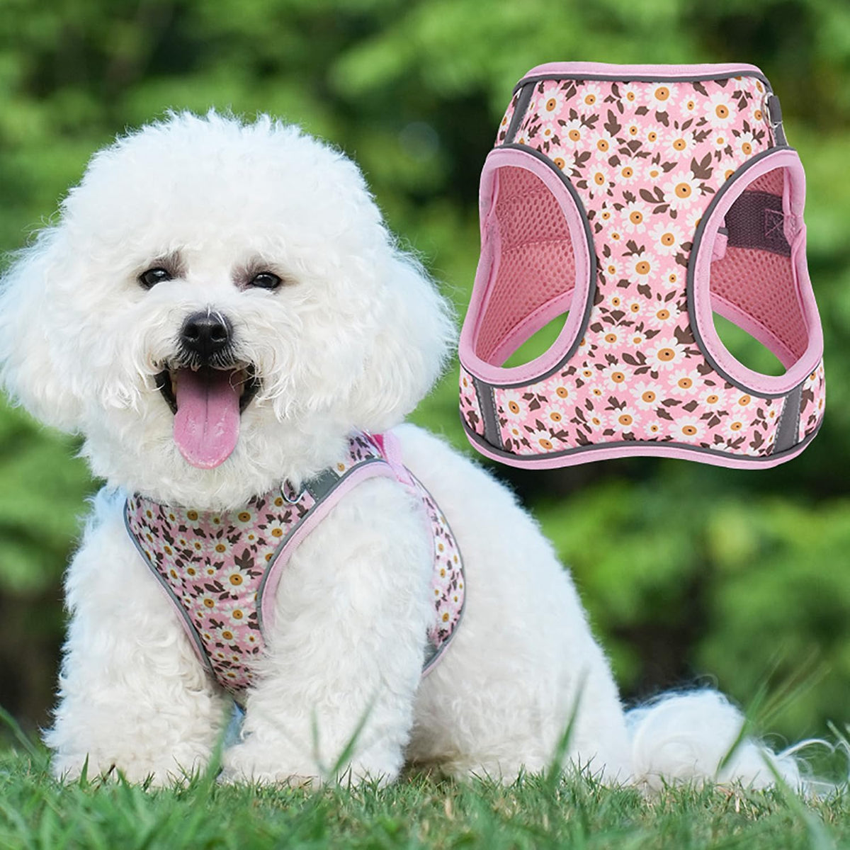 Small Dog Harness Pink Daisy Flowers No Pull Reflective Harness