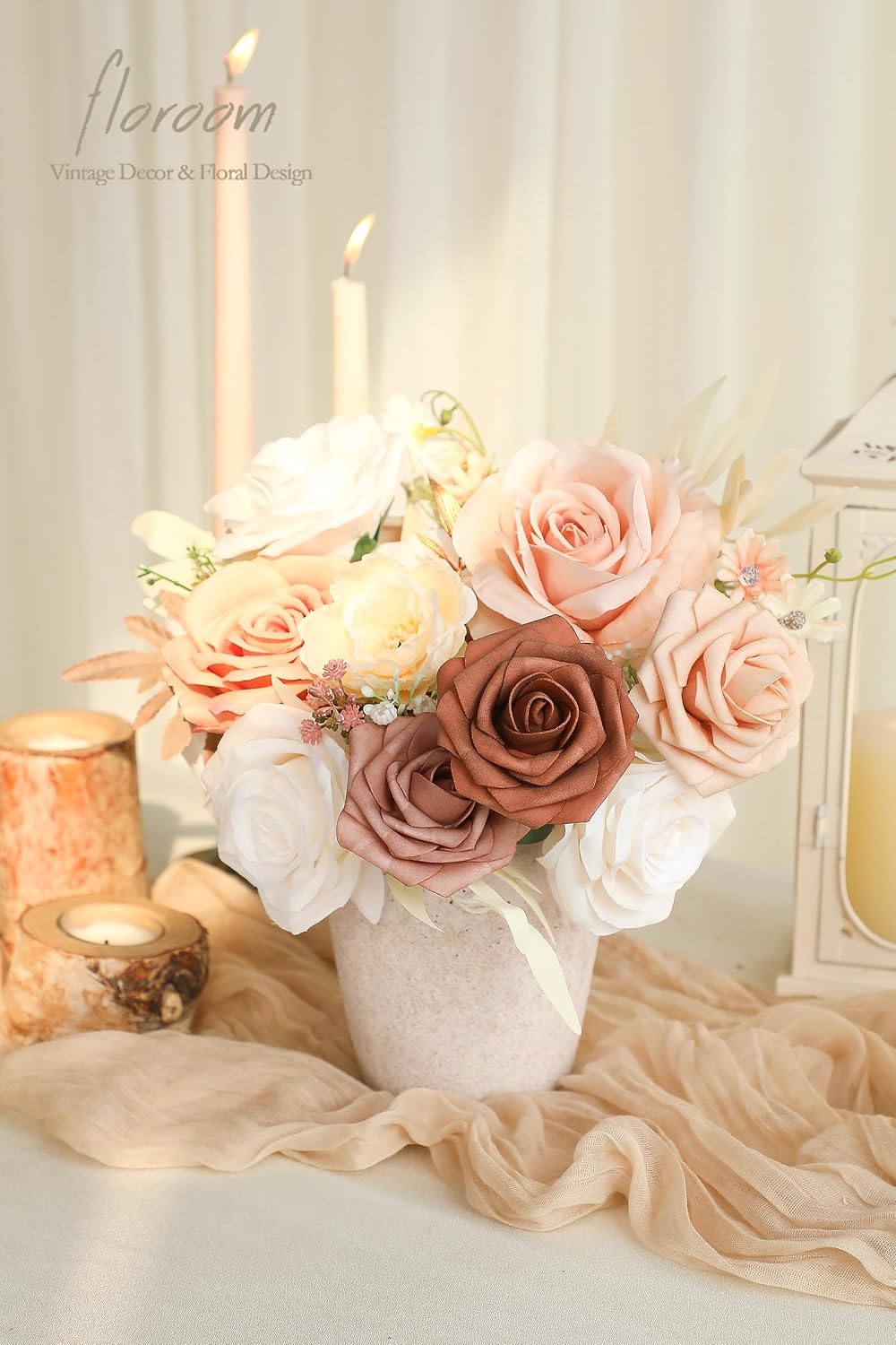 Morandi Peach Artificial Flowers Fake Roses Peonies and Greenery Combo Box Set for DIY Wedding Bouquets Bridal Shower Centerpieces Floral Arrangements Party Tables Home Decorations