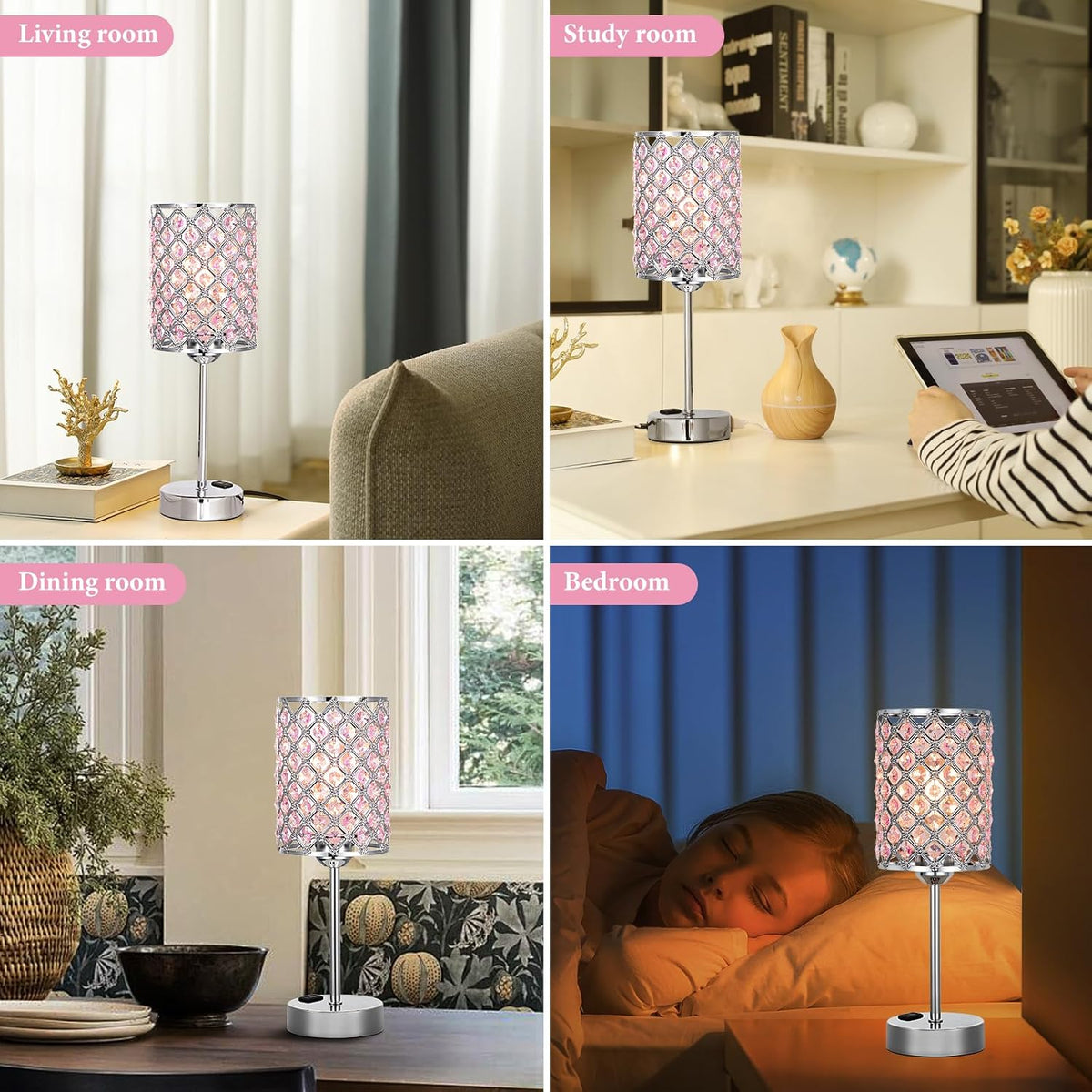 Pink Bedside Lamps for Night Stands, Crystal Table Lamp for Bedroom