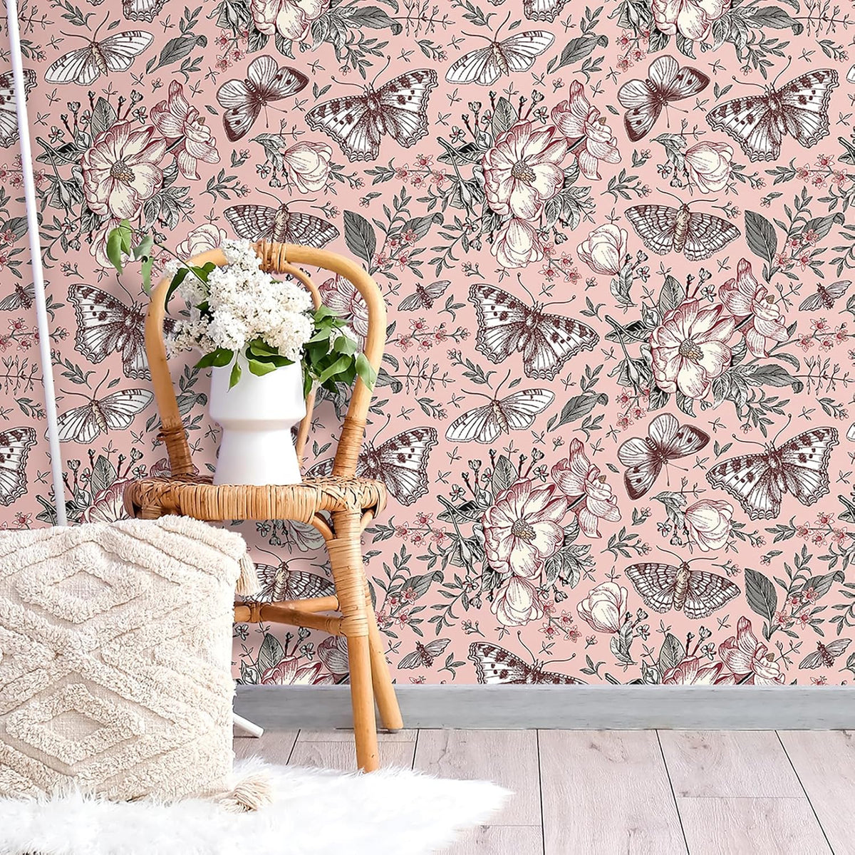Pink Floral Wallpaper Peel and Stick Botanical Garden Wildflower Butterfly Wall Paper for Girls Bedroom Nursery Removable Pink Butterflies Floral Contact Paper for Walls Cabinets 17.5"x118"