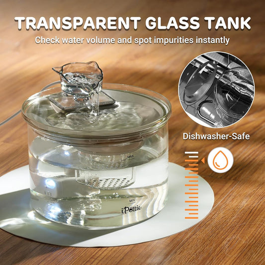 iPettie Glass Cat Water Fountain, Kitty Spout Water Fountain 68oz/2L for Cats Dogs with 2 Spray Heads, 3-Stage Filtration, Automatic Water Dispenser, Glass & Stainless Steel