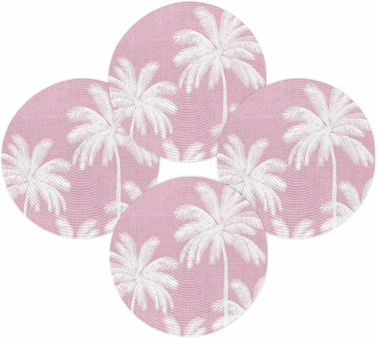 Round 15 Inch Placemats Set of 4, Peach Pink Palm Tree HeatResistant Non Slip Place Mats for Dining Table, Summer Botancial Tropical Farmhouse Wipeable Braided Kitchen Table Mats for Housewarming