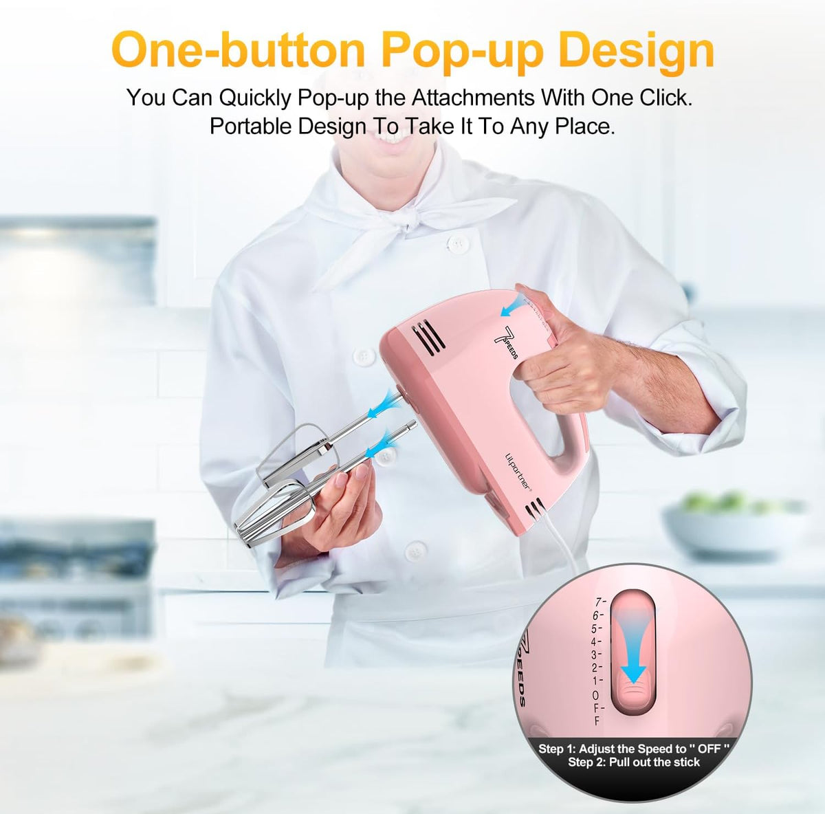 Hand Mixer Electric, Ultra Power Kitchen Hand Mixer With 7-Speed & 5 Stainless Steel Accessories for Whipping Dough, Cream, Cake, Dishwasher Safe, Light Pink