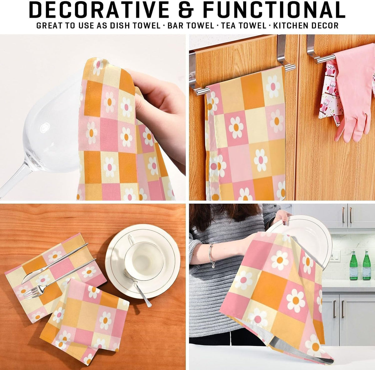 Checkered Grid Pastel Pink Tea Towles, 28x18 Inch Bulk Kitchen Towels Spring, Set of 4