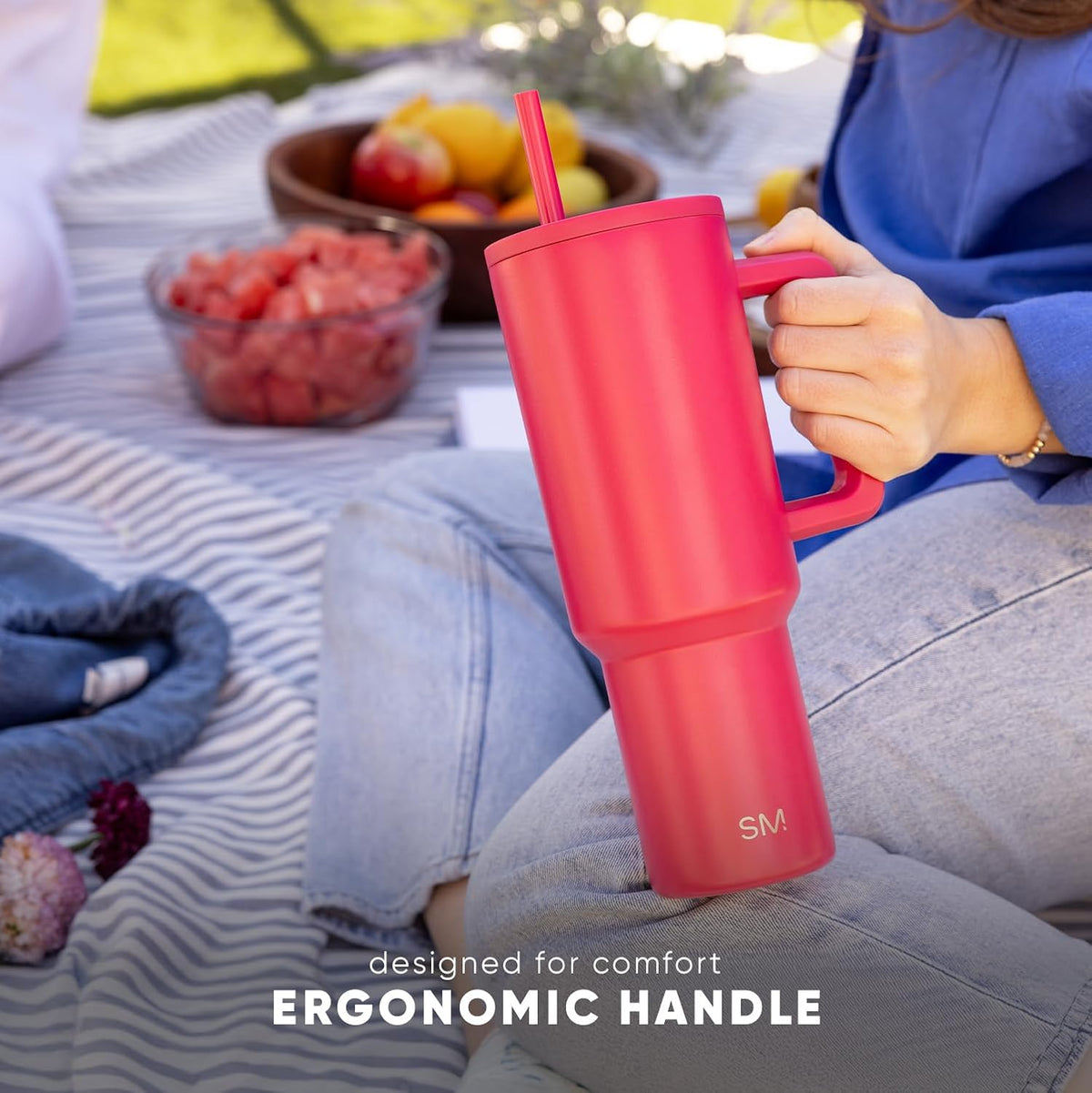 40 oz Trek Tumbler with Handle and Straw Lid | Cup Holder Friendly Insulated Stainless Steel Travel Mug | Blush