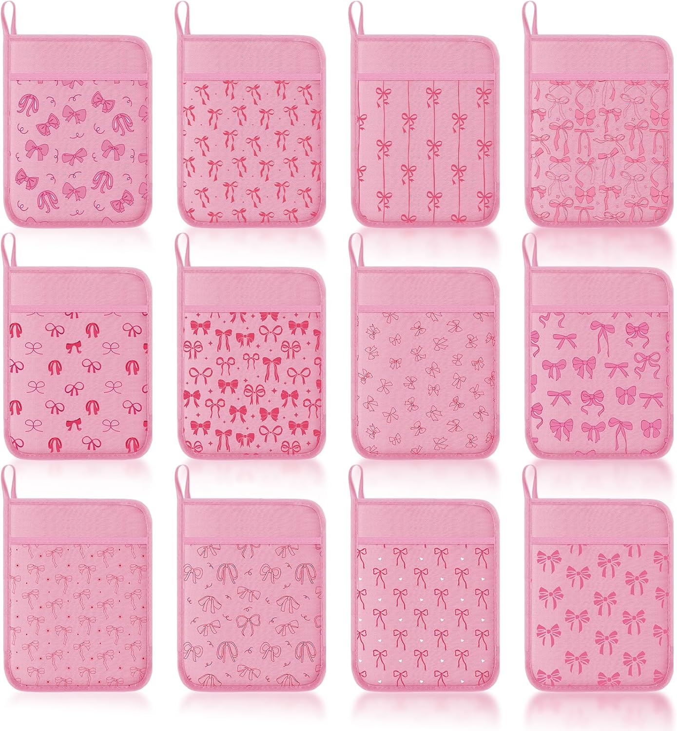 Layhit 12 Pcs Pink Bows Pot Holders with Pocket Coquette Kitchen Pot Holders for Kitchen Hot and Oven Heat Resistant Potholder Neighbor Gift Cookie Bag for Cooking Baking Home Gifting