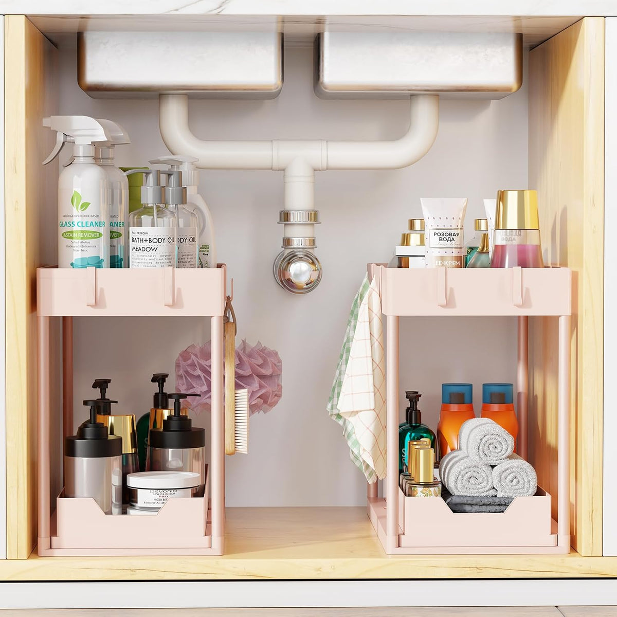 Under Sink Organizer 2 Pack, with Sliding Drawer, Pink