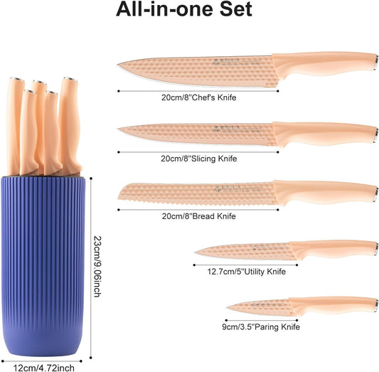 Kitchen Knife Set with Block, 6-Piece Non-stick Stainless Steel Sharp Knives Set for Precision Cutting with Universal Knife Block for Kitchen, Ergonomic Design & Dishwasher Safe, Pink