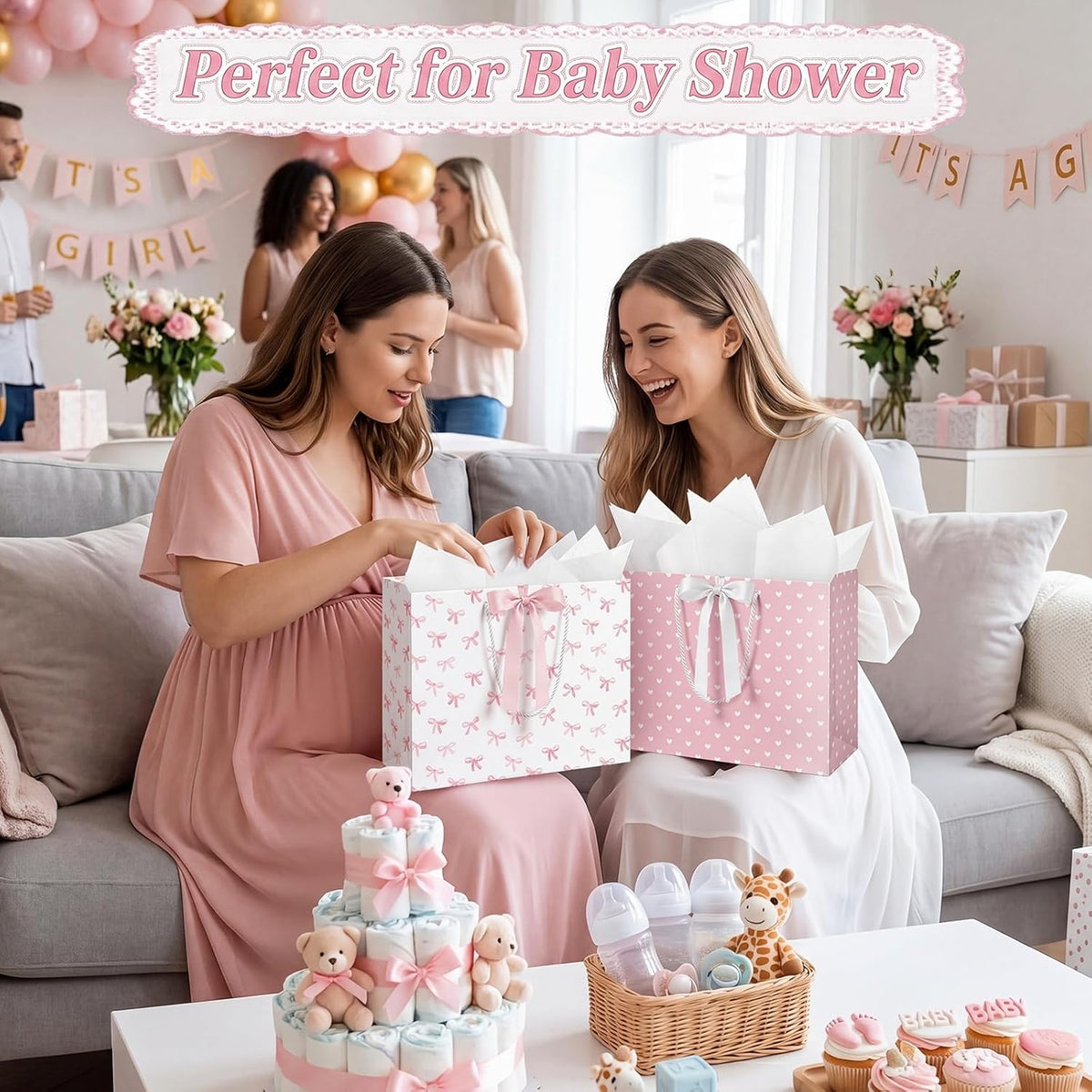 2 Pack 13'' Large Pink Baby Shower Paper Gift Bag with Bow Ribbon
