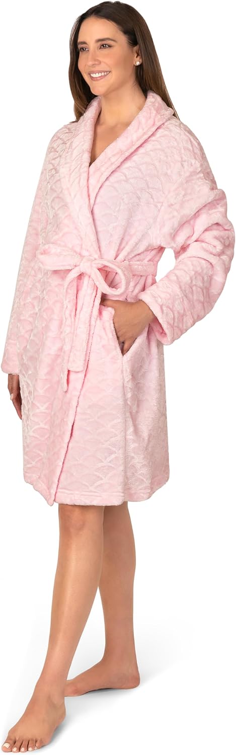 Plush Robe for Women, Soft Fleece Short Bathrobe, Mid Length Kimono
