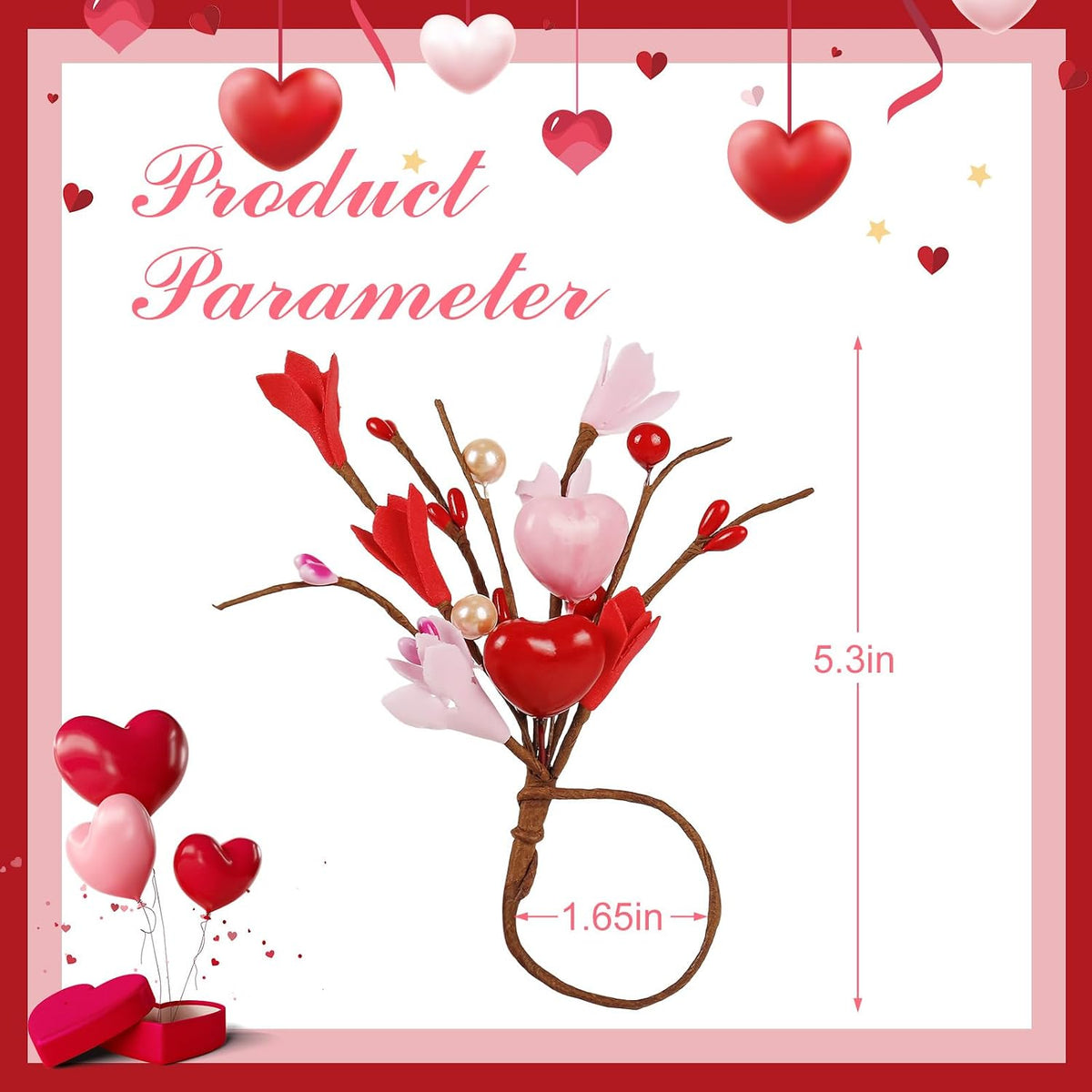 Handmade Valentine Napkin Rings Set of 12, Red Pink Heart Bead Floral Napkin Holder for Romantic Dinner, Proposal, Wedding Table Decorations