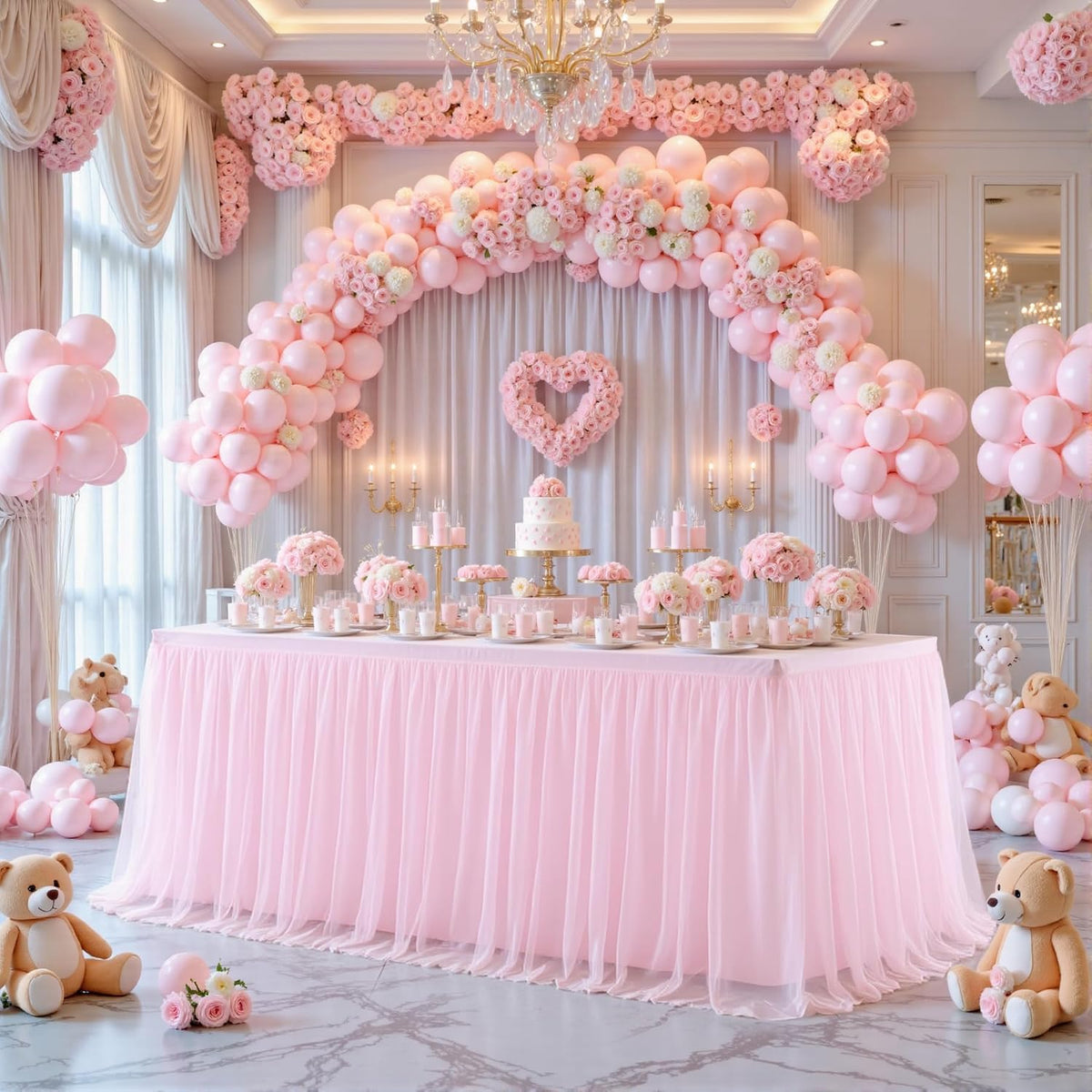 6ft Pink Tulle Tablecloth for Rectangle Tables 6 Foot Pink Table Cloth Rectangle Wrinkle Free Stretch Table Cover with Tutu Skirt for Baby Shower Girls Birthday Party Banquet Buffet Desk Skirt