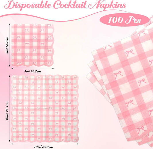 Glenmal 100 Pcs Pink Bow Scalloped Napkins, Bulk Pink Coquette Gingham Paper Napkins, Disposable Cocktail Napkin for Wedding, Birthday, Baby Shower, Bridal Shower Party Supplies