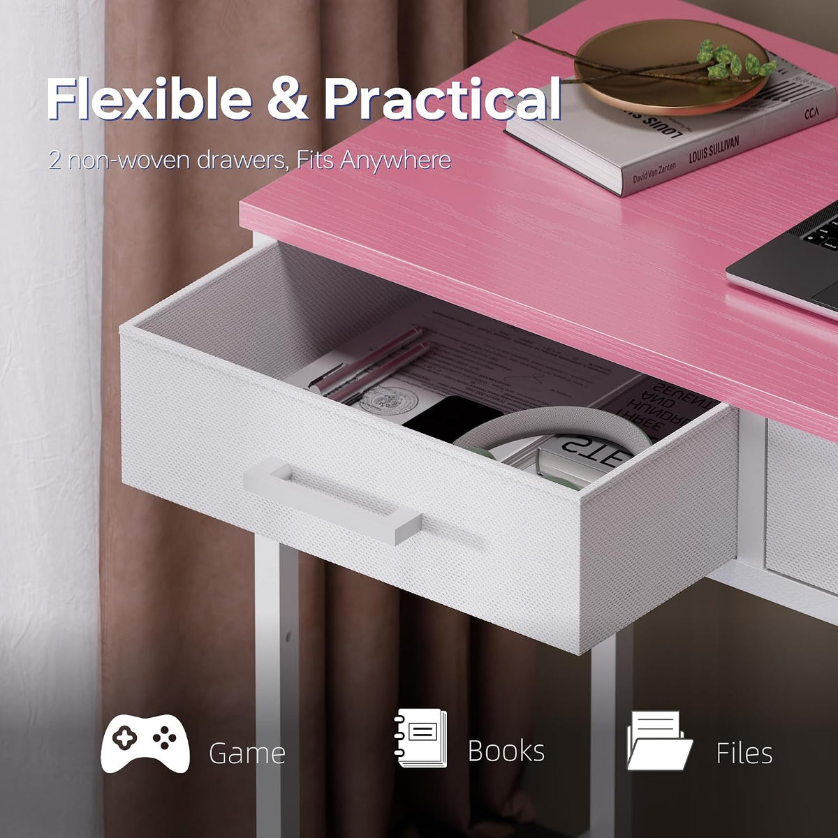 32 Inch Small Computer Desk with 2 Drawers for Bedroom Study Writing Home Office Table for Small Spaces Pink