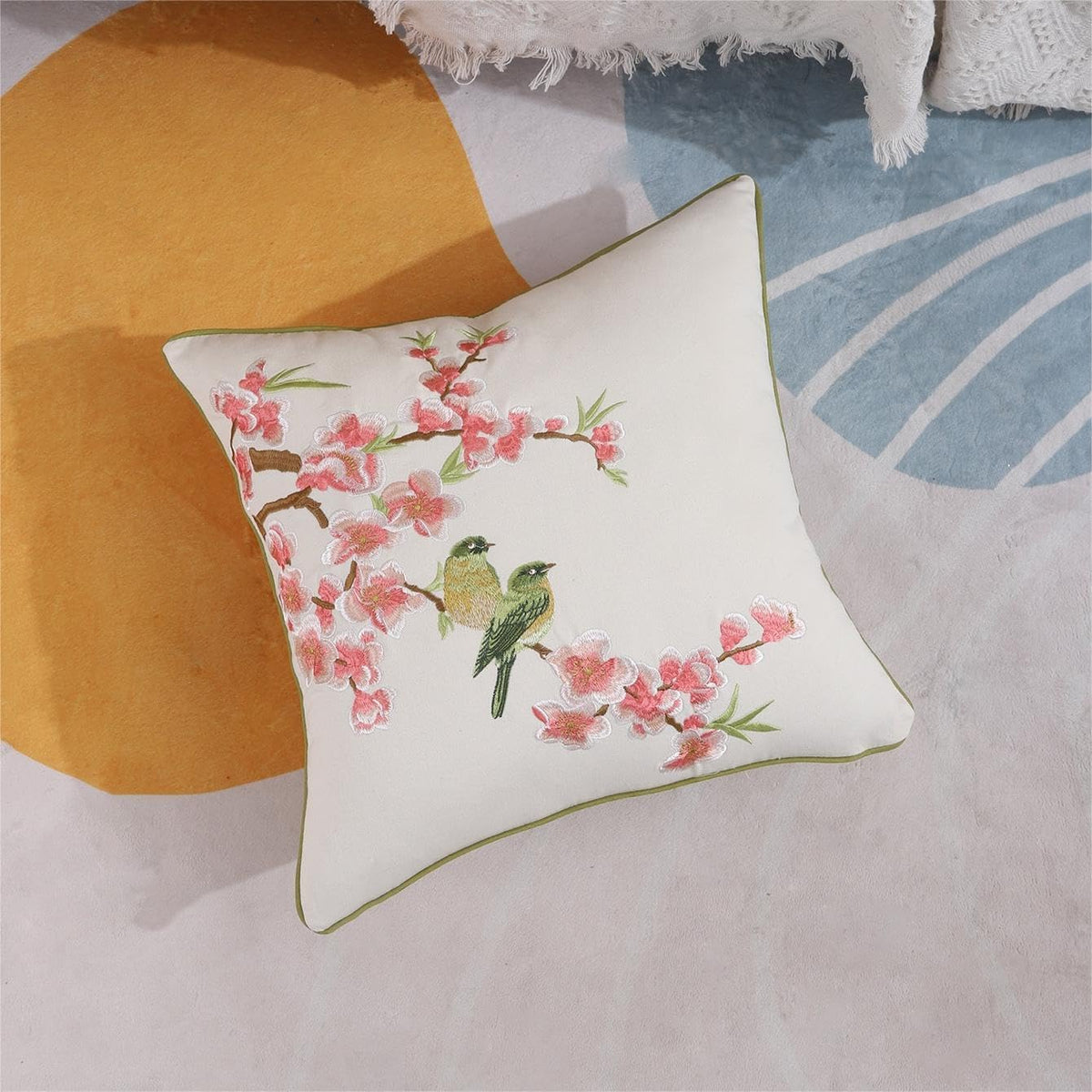 Embroidered Flower Birds Throw Pillow Covers Spring Decorative Flower Pillowcases (Pink, 18" x 18" (Pack of 2))