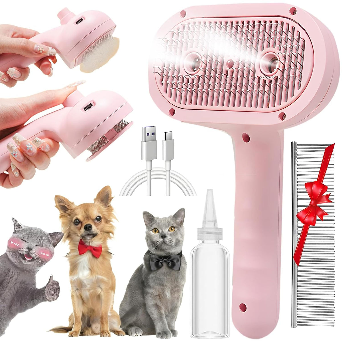 Pet Steam Brush for Cats & Dogs, 2-Hole Double Spray Cat Grooming Comb