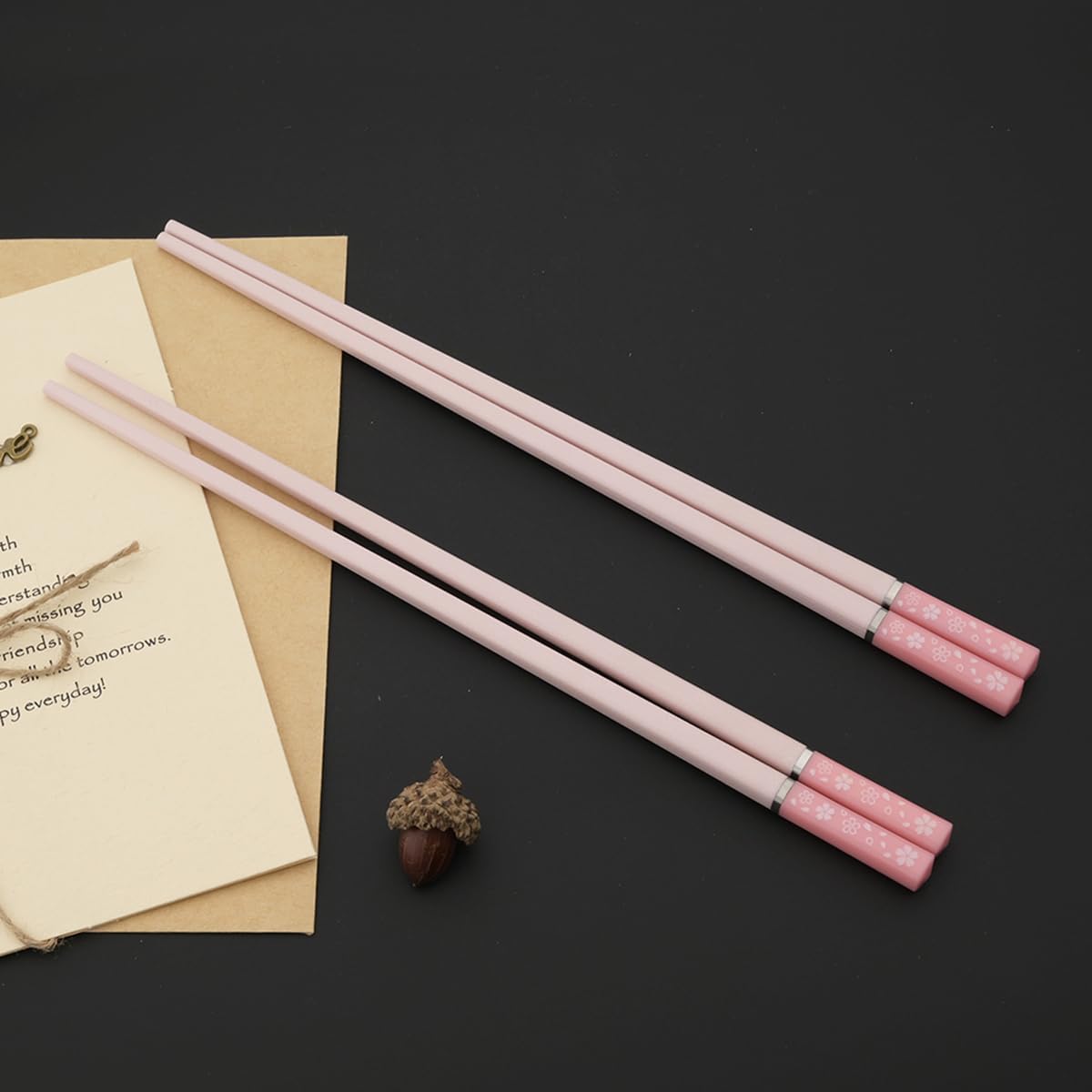 5 Pairs Alloy Chopsticks, 9.6inch Fiberglass Chopsticks Set Non-Slip Japanese Chinese Korean Chopsticks for Sushi, Pasta, Dinner, Dishwasher Safe - Pink Sakura