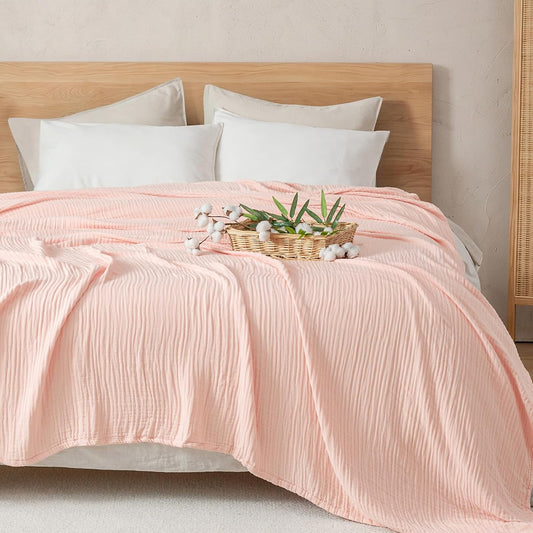 Cooling Muslin Blanket King Size, Lightweight Gauze Blanket for Adults, 60% Organic Rayon Derived from Bamboo & 40% Cotton for Summer, 4-Layer Soft Breathable for Hot Sleepers, 108"x90", Pink Rose
