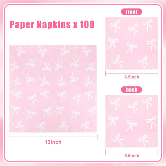 100pcs Pink Bow Party Napkins, Pink Bow Party Decorations Napkin, 13x13 inch Disposable Paper Napkin for Girls Birthday Bridal Engagement Baby Shower