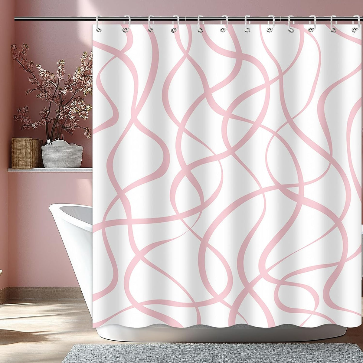 Pink Striped Shower Curtain with 12 Hooks Modern Abstract Wavy Pink Shower Curtain for Girls Women Waterproof Fabric Bath Curtain, 72 x 72 Inch