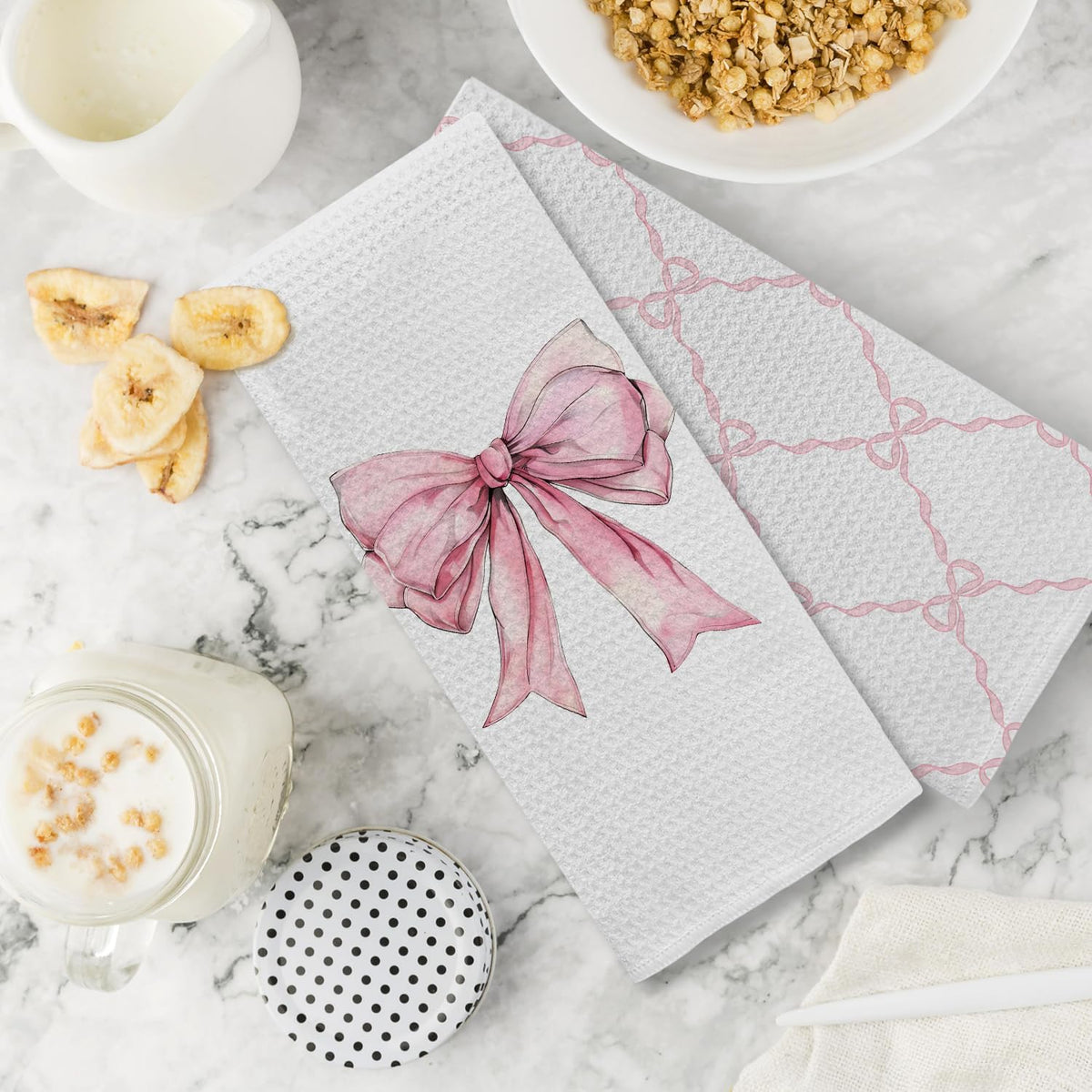 Coquette Pink Bow Kitchen Towels Set of 2, Preppy Pink Ribbon Pattern Hand Towels for Bathroom, Girly Coquette Bathroom Decor, Bow Aesthetic Dish Tea Towels for Kitchen, 16x24 inches
