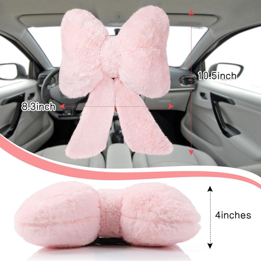2 Pcs Pink Car Neck Pillow Bow, Plush Solid