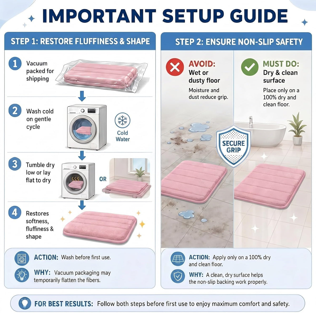 2 Piece Memory Foam Bath Mat Set, Extra Soft Absorbent Bathroom Rugs with U-Shaped Toilet Rug, Non-Slip Backing, Machine Washable, 24x16 + 20x20 U-Shaped, Pink
