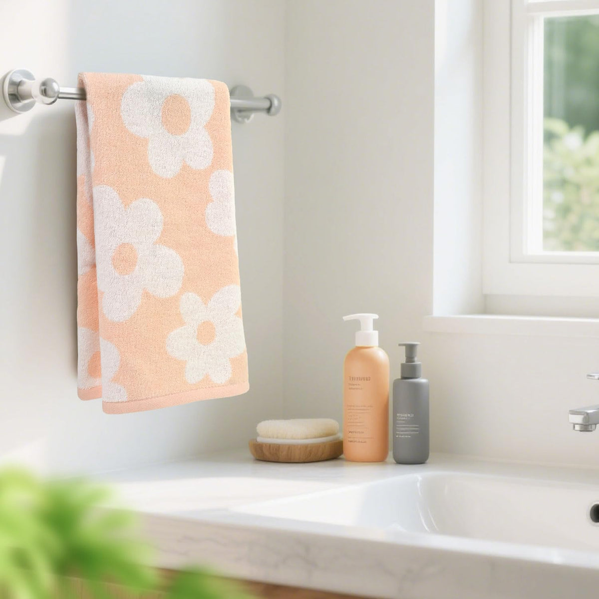 Floral Hand Towels for Bathroom - 2 Pack Cotton Face Towels , Pale Peach