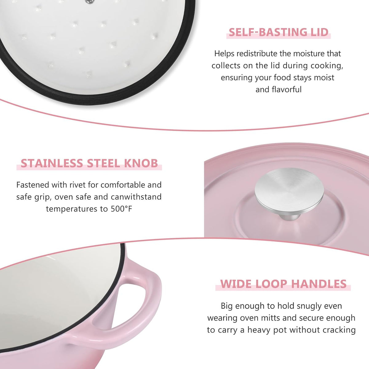 3 Qt Enameled Cast Iron Dutch Oven with Lid, Small Round Nonstick Dutch Oven Pot for Bread Baking Braising Stews Roasting Cooking, Heavy Duty, Induction & Oven Safe - Pink