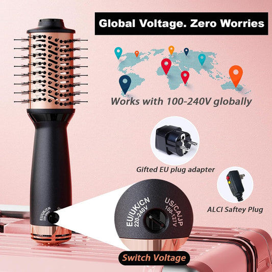 Dual Voltage Hair Dryer Brush Travel Size(110-220V), Compact Light-Weight European Travel Blow Dryer Brush for Hair Volume, Smoothness & Curls, One Step Travel Hair Dryer Brush, Pouch & EU Plug