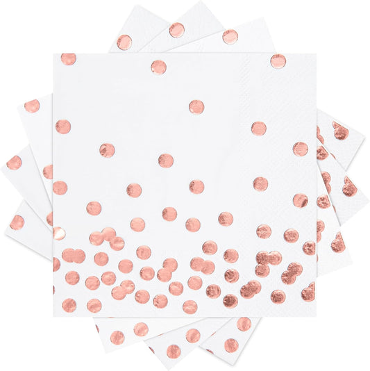 80 Pack of White Paper Cocktail Napkins with Gold Foil Polka Dot Confetti๏ผPolka Dot Party Supplies(5 x 5 in๏ผ3-ply) (Rose Gold)