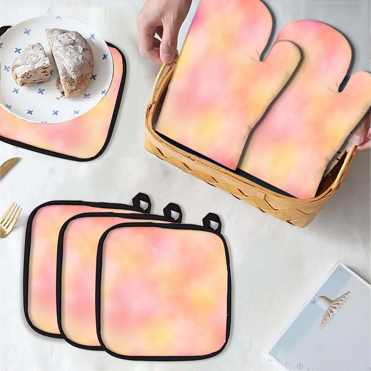 5 Pcs Tie-dye Yellow Oven Mitts and Pot Holders Sets, Pink Oven Gloves and Hot Pads for Kitchen Cooking, Abstract Modern Art Oven Mitt Potholder is Both Functional and Decorative