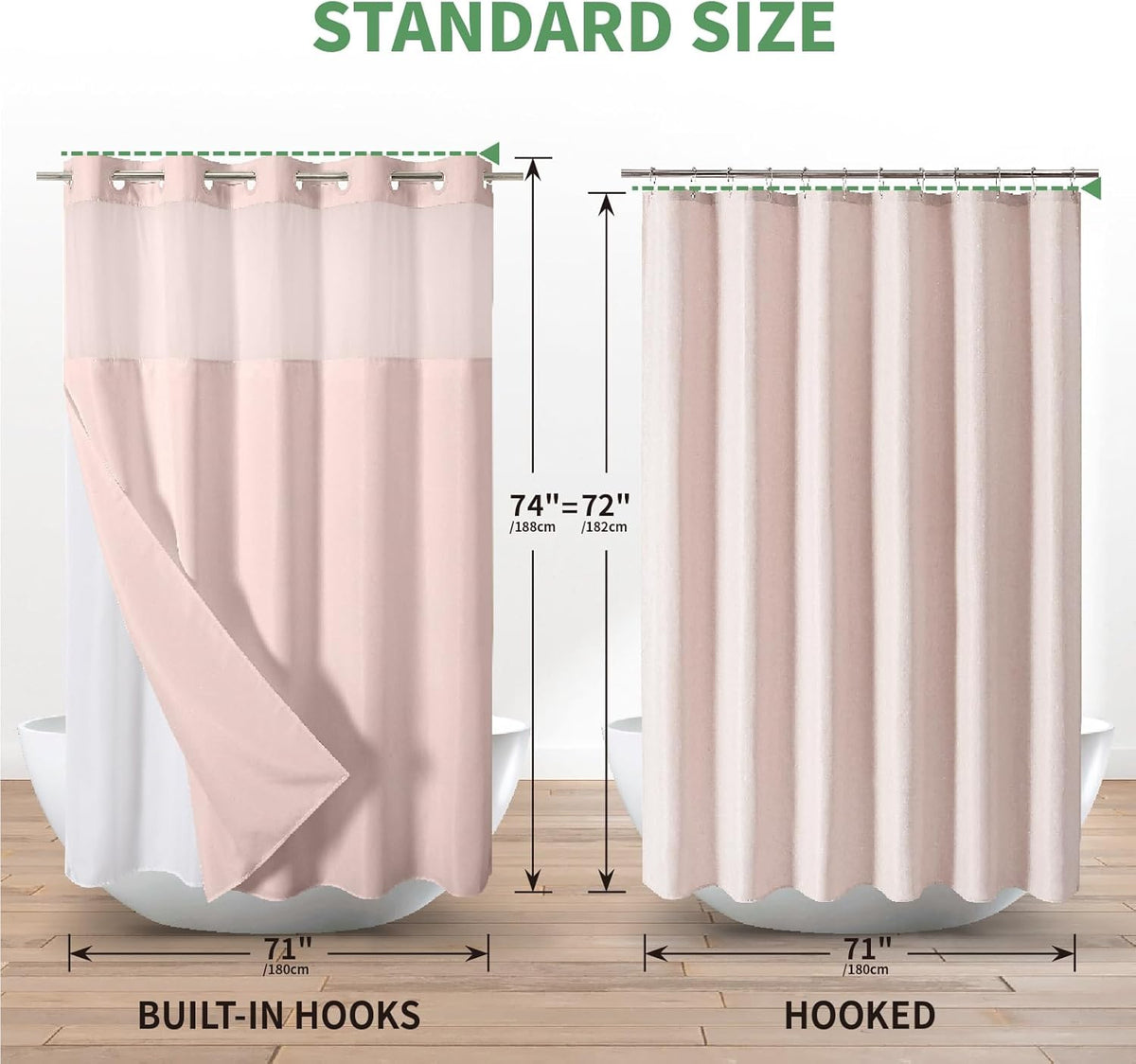 No Hook Slub Textured Shower Curtain with Snap in Liner,Blush,71x74