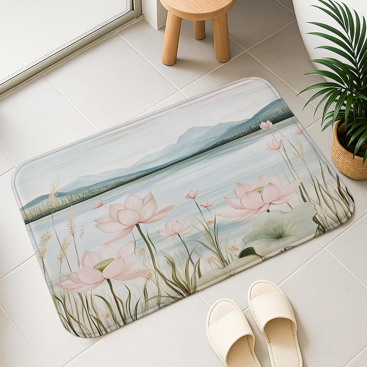 Water Lily Floral Quick Dry Bath Mat, Elegant Peach Water Lily Absorbent Non Slip Shower Mat, Spring Memory Foam Washable Bath Rugs for Bathroom Toilet Restroom Decorative 20x32 Inch