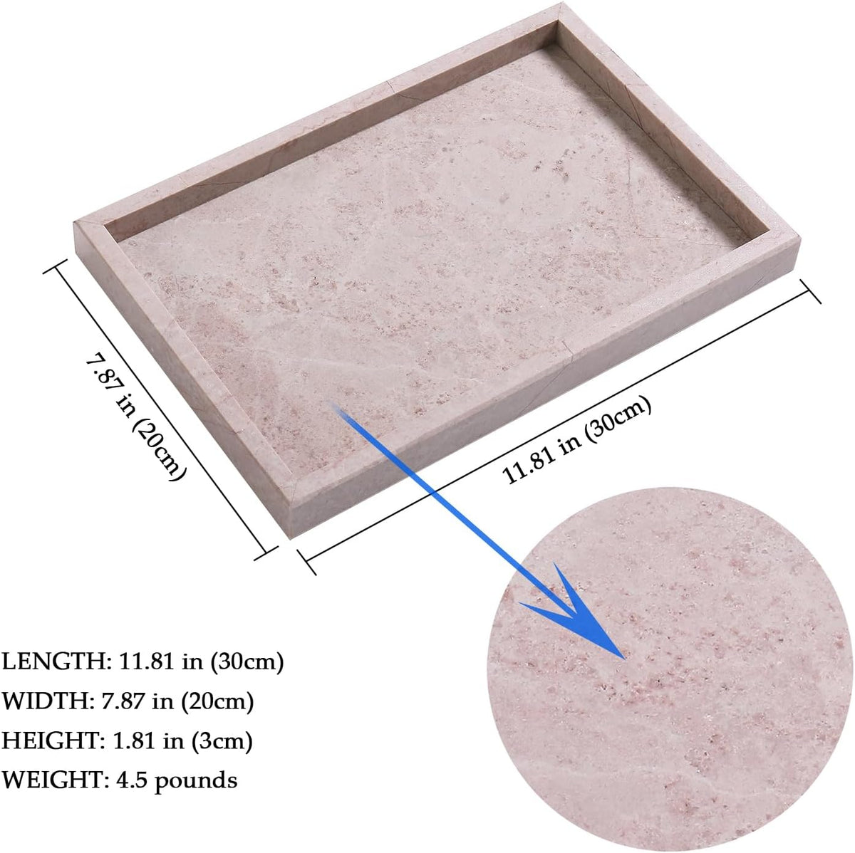 Natural Pink Marble Vanity Tray, Nature Rose Cream Marble Serving Tray for Bathroom, Kitchen, Vanity, Home Decor, Wedding etc. (12" x 8" x 1.2")