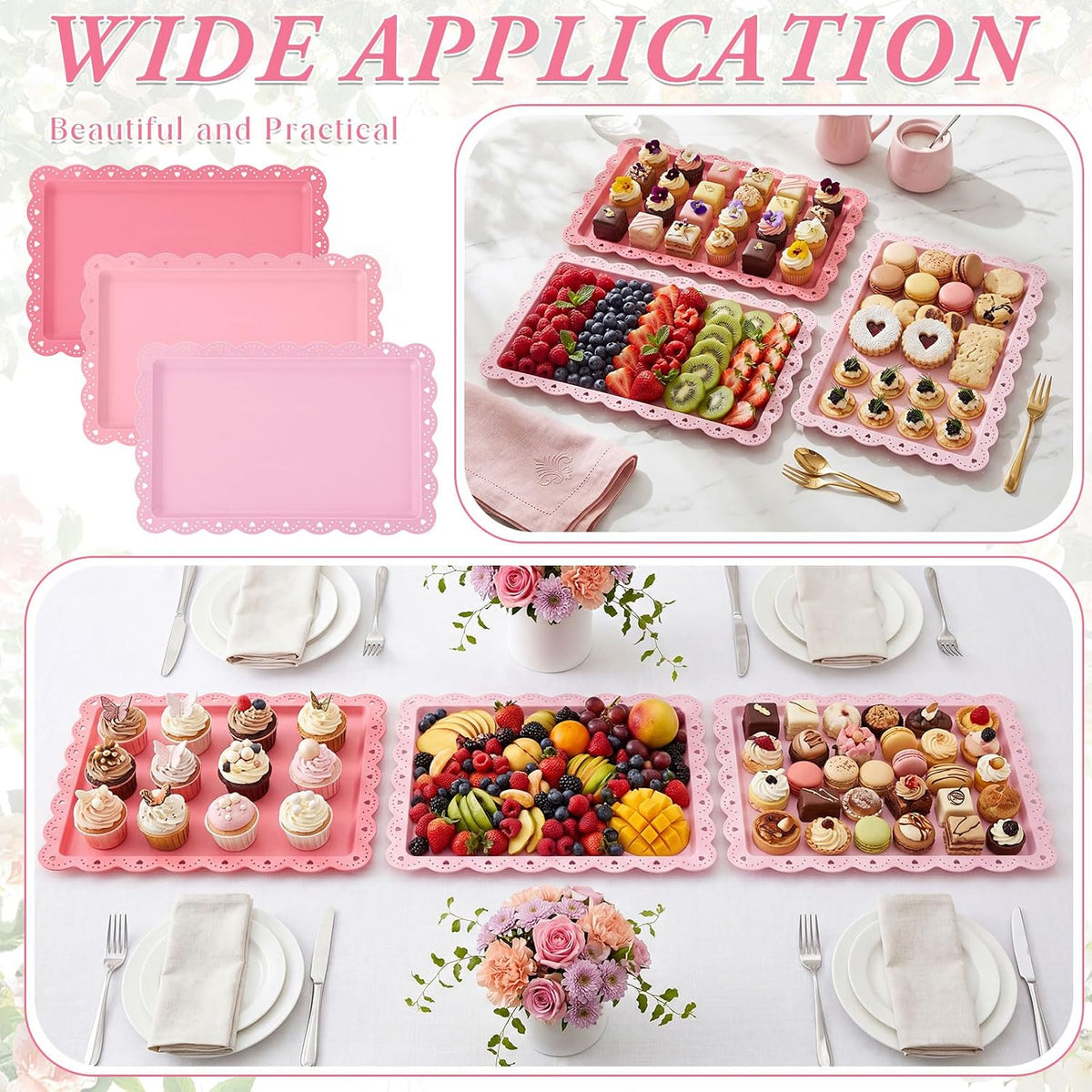 3 Pcs Pink Serving Trays Plastic Food Platters
