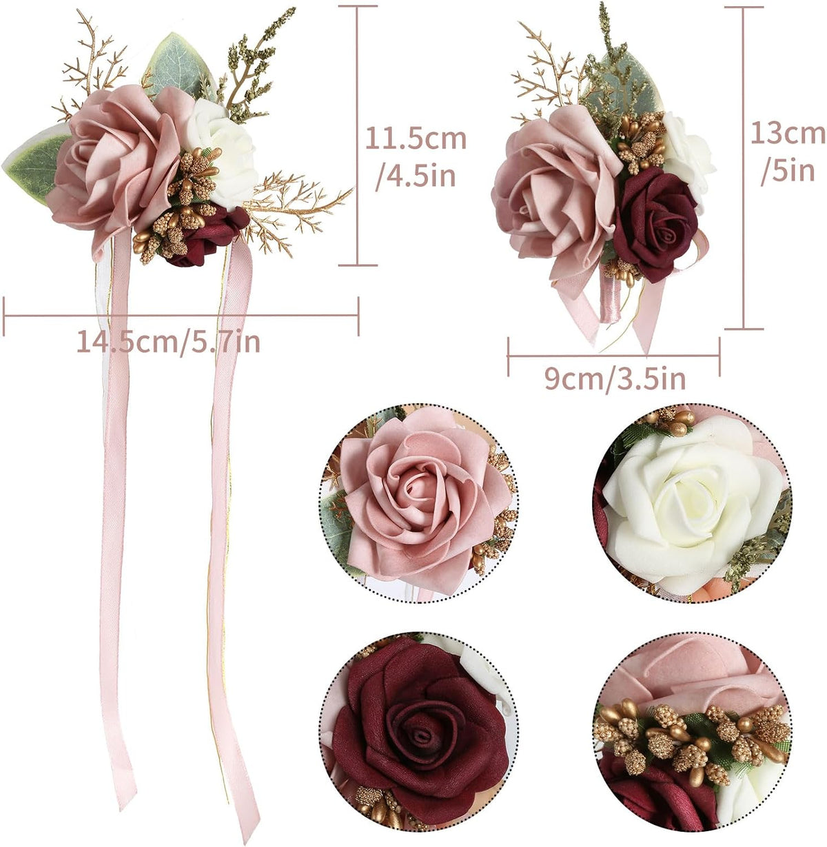 Blush Pink Corsage and Boutonniere Set for Wedding Prom Bride Groom Homecoming Rose Wristlet Band Bracelet Men Boutonniere Set Red Corsage Wristband Boutonniere for Wedding Suit Decorations