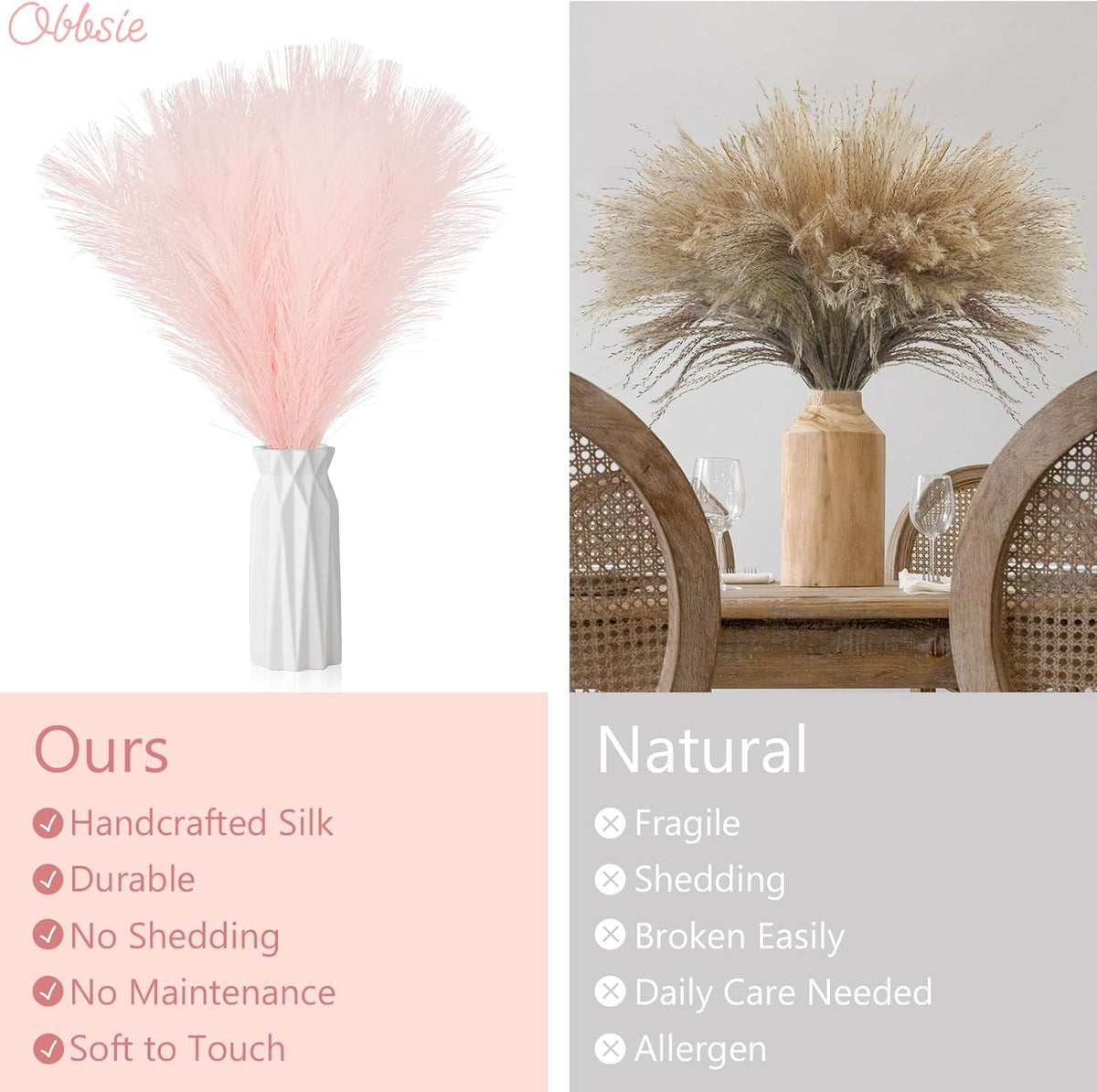 obbsie 50PCS Pink Faux Pampas Grass Decor, 21.6" Fluffy Vase Filler