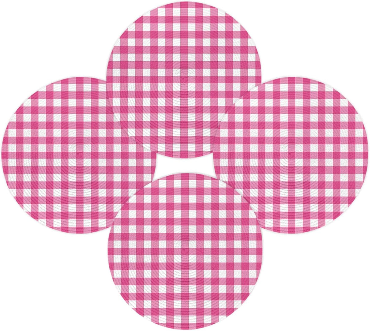 Round 15 Inch Placemats Set of 4, Peach Pink Checked HeatResistant Non Slip Place Mats for Dining Table, Farmhouse Buffalo Plaid Country Grid Wipeable Braided Kitchen Table Mats for Housewarming