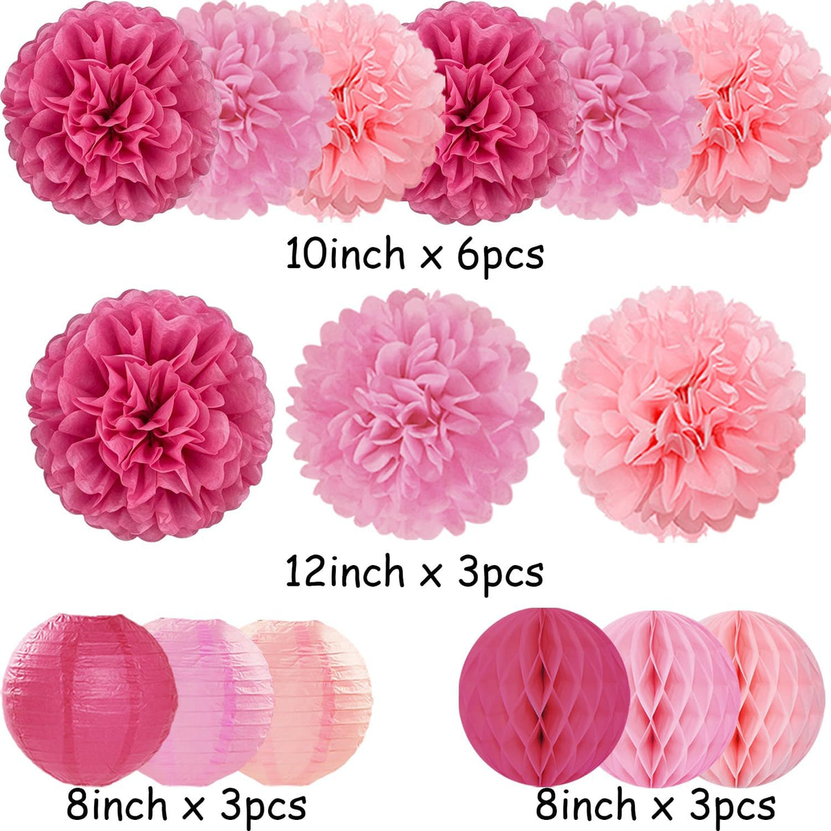 Hot Pink Paper Flowers Tissue Pom Poms Honeycomb Lanterns 15pcs Party Decorations for Birthday Bachelorette Women Girls Night Baby Shower Bridal Wedding Valentine Hanging Supplies
