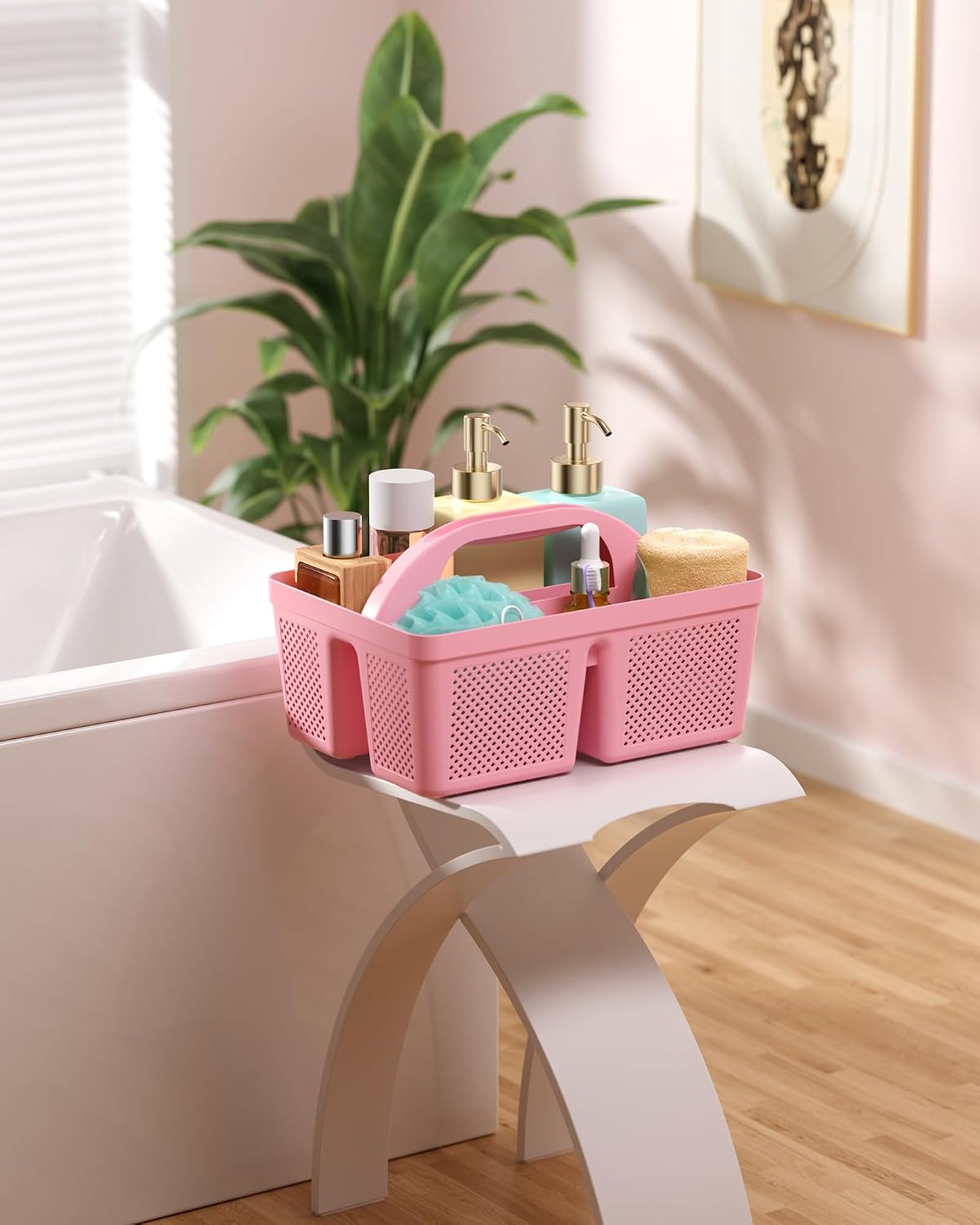 Portable Shower Caddy with Handle - 4 PCS, BPA-free, Pink