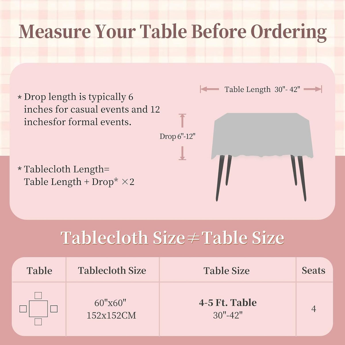 Light Pink Embroidered Grid Tablecloth, Wrinkle Resistant, 60"x60"