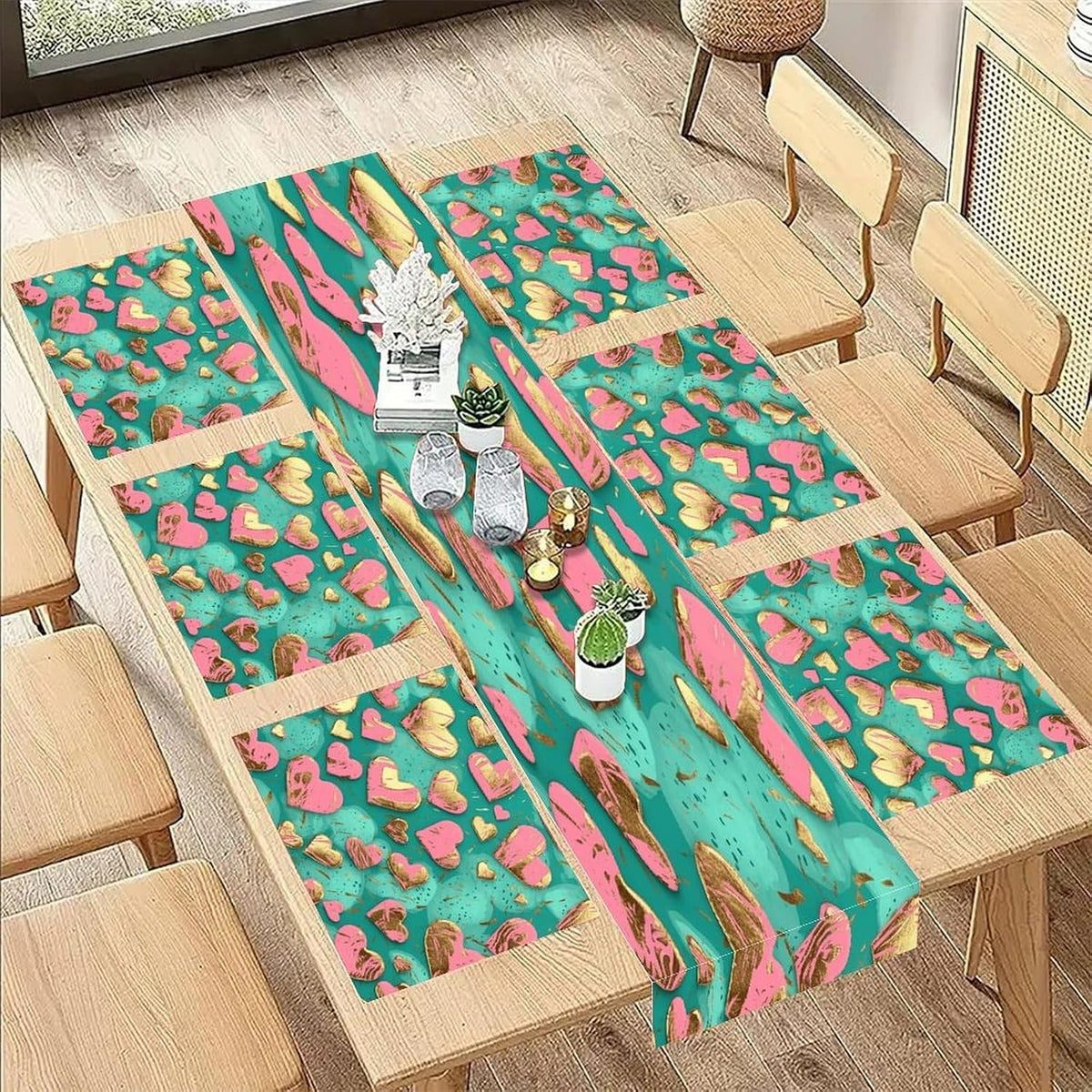 Peach Heart Pattern Placemats and Table Runner Set, Washable Linen Place Mats for Home Wedding Hotel Decoration (1 Table Runner and 6 Placemats)