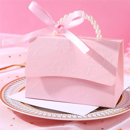10Pcs Pink Pearl Paper Gift Boxes for Wedding Favors, Elegant Bridesmaid and Party Favor Boxes with Ribbon, Ideal for Bridal Shower, Baby Shower, and Special Occasions (Pink, L)